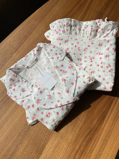 Floral 100% Cotton Muslin Pajama Set with Ruffles: Soft Lounge Sleepwear