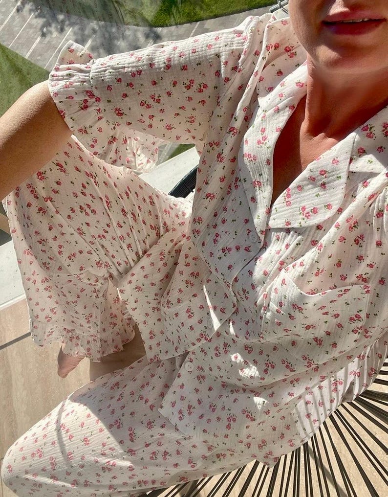 Floral 100% Cotton Muslin Pajama Set with Ruffles: Soft Lounge Sleepwear