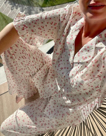 Floral 100% Cotton Muslin Pajama Set with Ruffles: Soft Lounge Sleepwear