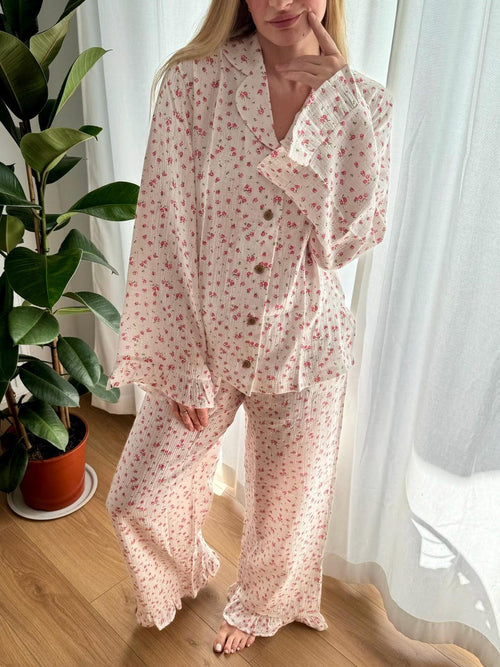 Floral 100% Cotton Muslin Pajama Set with Ruffles: Soft Lounge Sleepwear