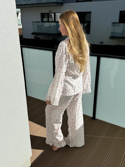 Floral 100% Cotton Muslin Pajama Set with Ruffles: Soft Lounge Sleepwear