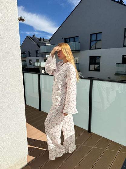 Floral 100% Cotton Muslin Pajama Set with Ruffles: Soft Lounge Sleepwear