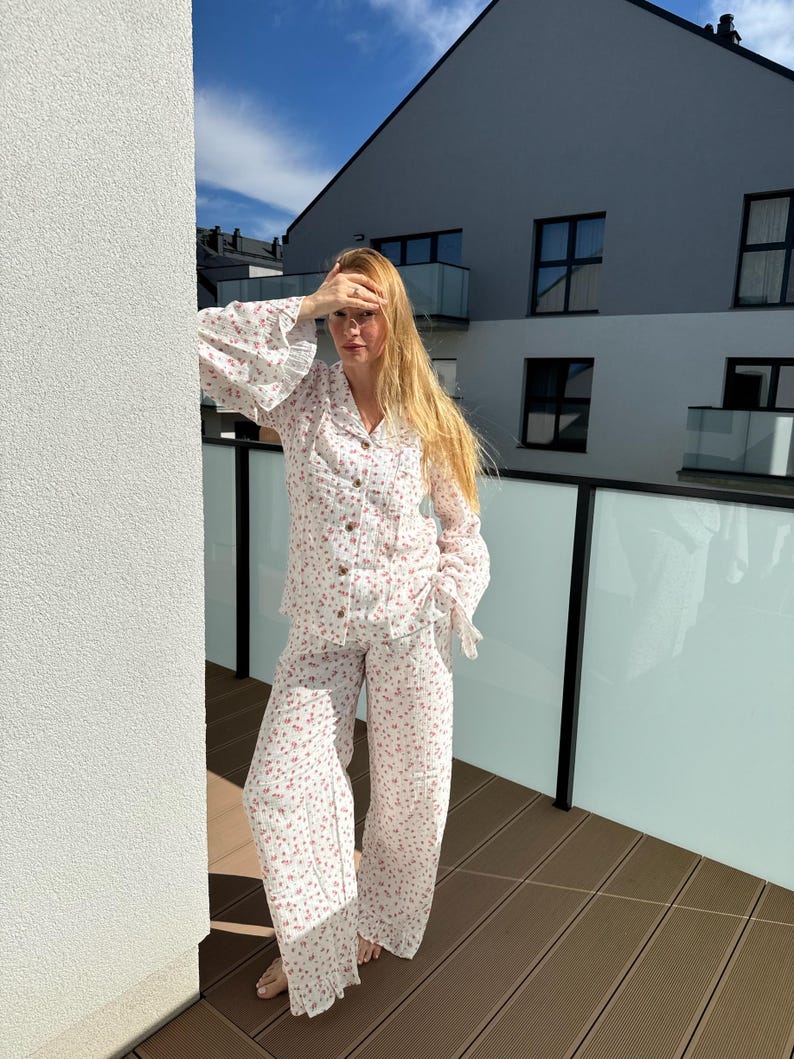 Floral 100% Cotton Muslin Pajama Set with Ruffles: Soft Lounge Sleepwear